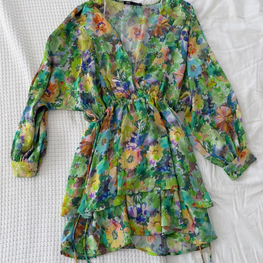 Zara Green Floral Tiered Mini Dress